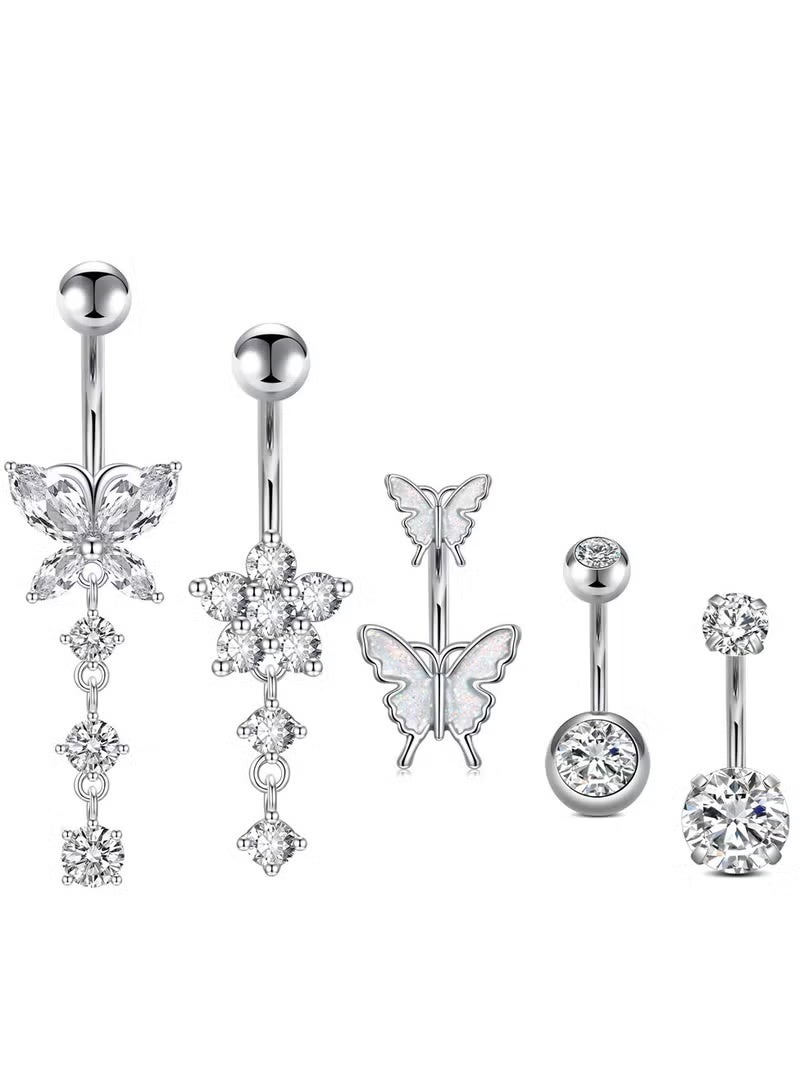 مجموعة 5 قطع من خواتم البطن الفضية، مصنوعة من الفولاذ المقاوم للصدأ، للفتيات، بتصميم لامع ونجمي، مزينة بالحصانات، خاتم البطن، تجليد جلدية، هدايا مثالية للمناسبات مثل العطلات والمناسبات الاجتماعية والزواج - Image 1